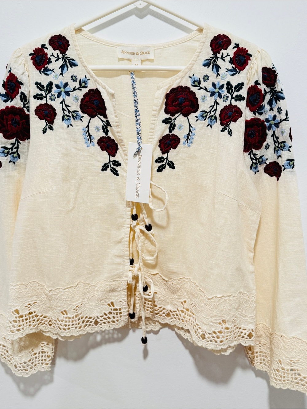 Jennifer & Grace Cream Embroidered Floral Lace-Trim Blouse - Picture 2 of 11
